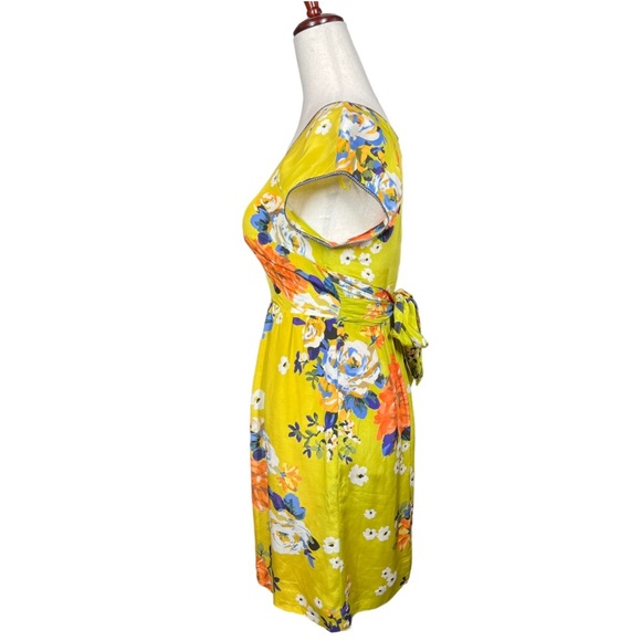 Moulinette Soeurs SILK Yellow Floral Fit flare V Neck Short Sleeve Dress 0 - Picture 2 of 8
